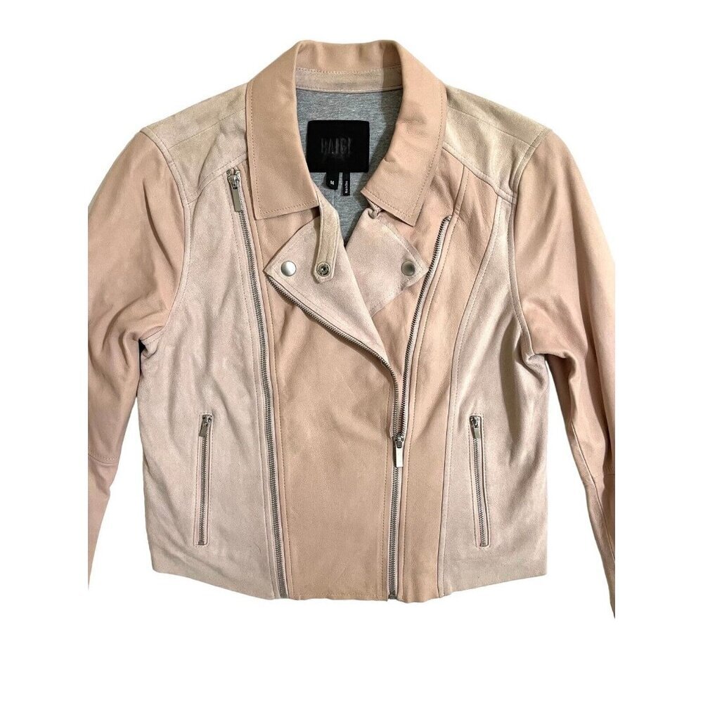 Paige Silvie Leather Moto Jacket Cropped Trim Pink Suede Leather Sz M - Picture 6 of 16